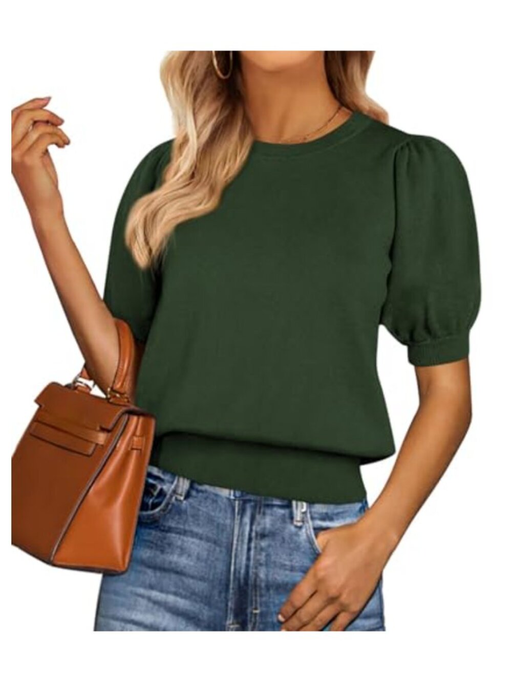 Puff Short Sleeve Sweater Crewneck Knit Blouse Dressy Casual Work Top